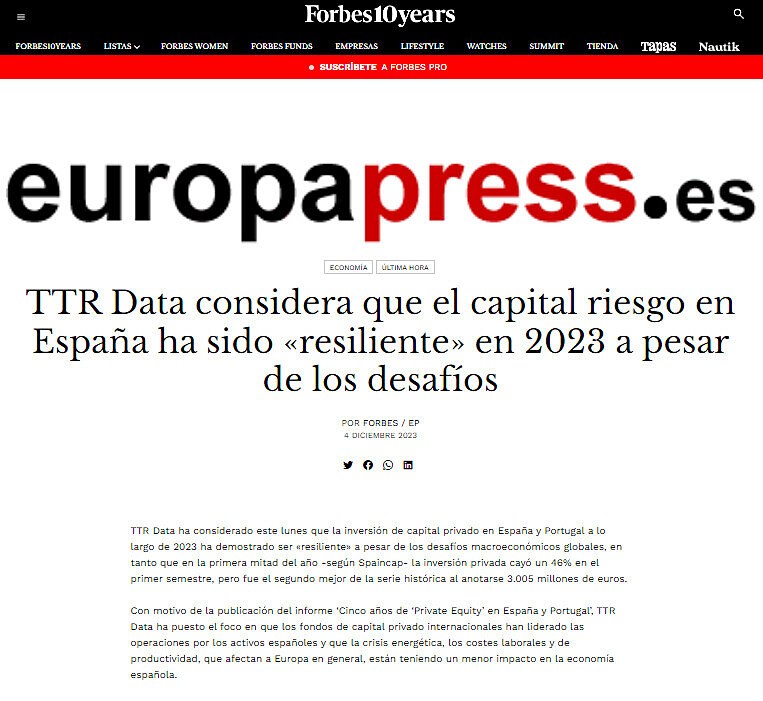 TTR Data considera que el capital riesgo en Espaa ha sido resiliente en 2023 a pesar de los desafos